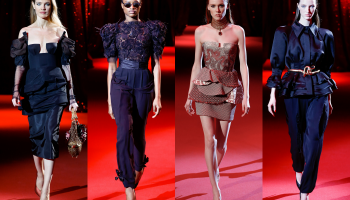 Haute Couture Ulyana Sergeenko o bustierech, rudé a tmavě modré