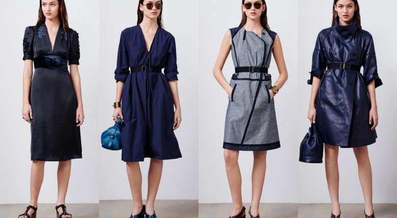 Striktní styl v tmavě modré uvádí Tomas Maier v Pre-fall 2017