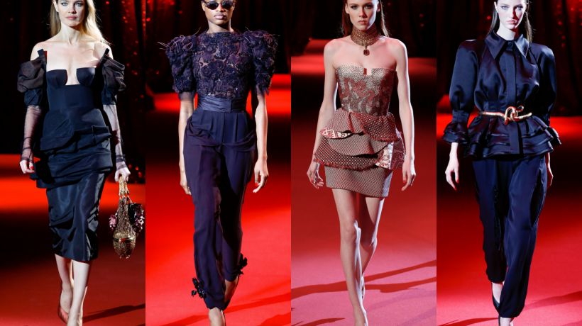 Haute Couture Ulyana Sergeenko o bustierech, rudé a tmavě modré