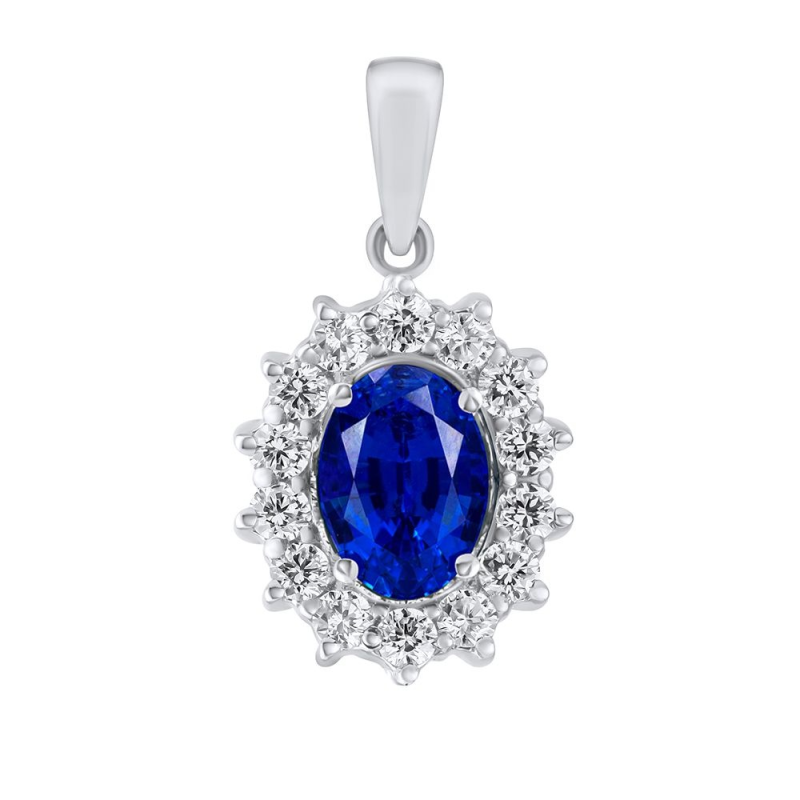 Zlatý přívěsek princezny KATE z bílého zlata s přírodním safírem a diamanty 0,28 ct