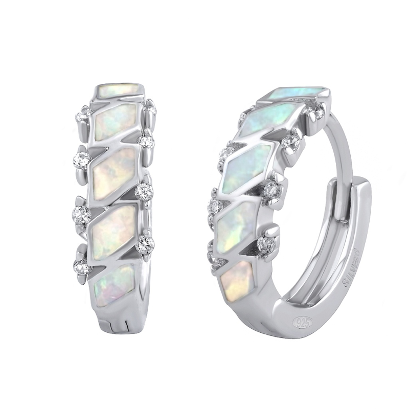 Stříbrné náušnice kruhy Any 14 mm s bílým syntetickým opálem