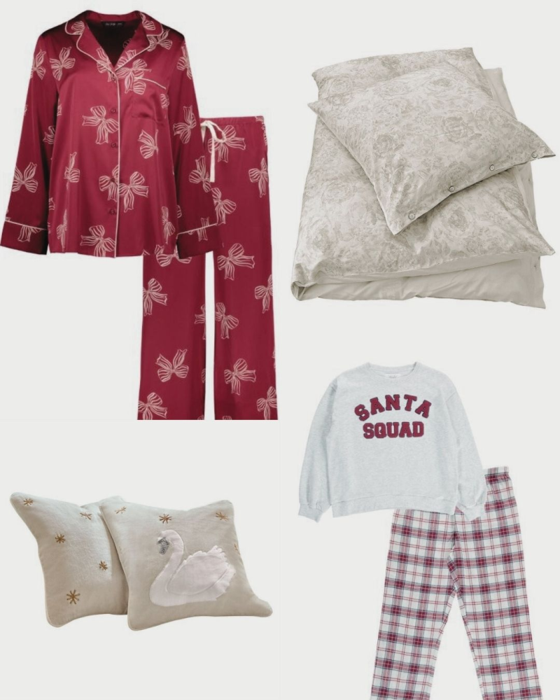 dámská vánoční pyžama F&F 899 Kč / povlaky na polštáře Loberon 1 298 Kč / povlečení Loberon 2 578 Kč